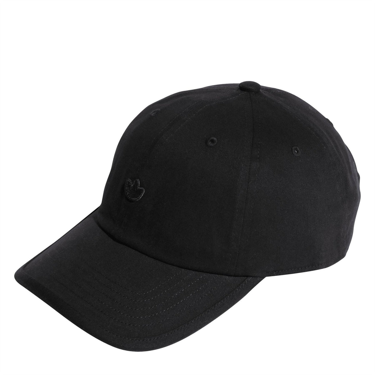 Black dad baseball cap with curved brim and embroidered adidas trefoil logo