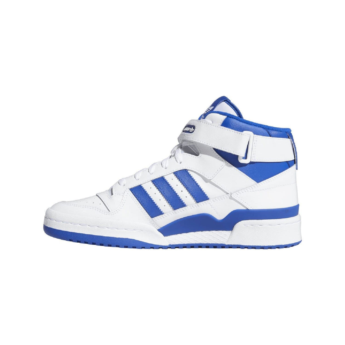 White and blue mid-top trainers with hook-and-loop strap and three stripes