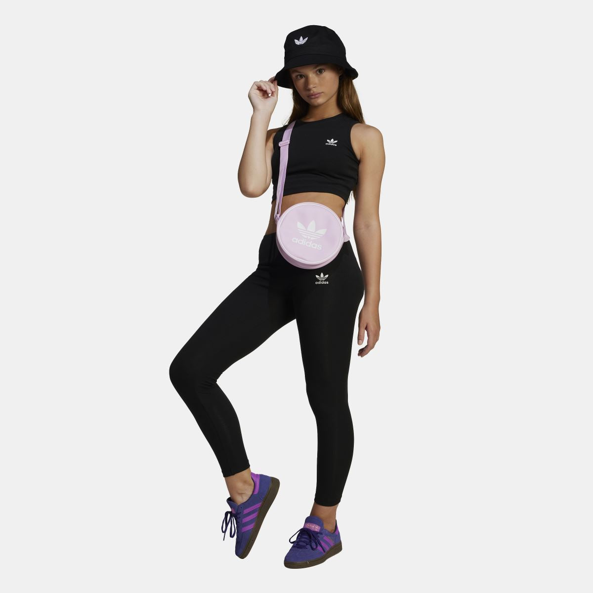 Black ribbed juniors leggings with adidas trefoil logo, high-rise waistband