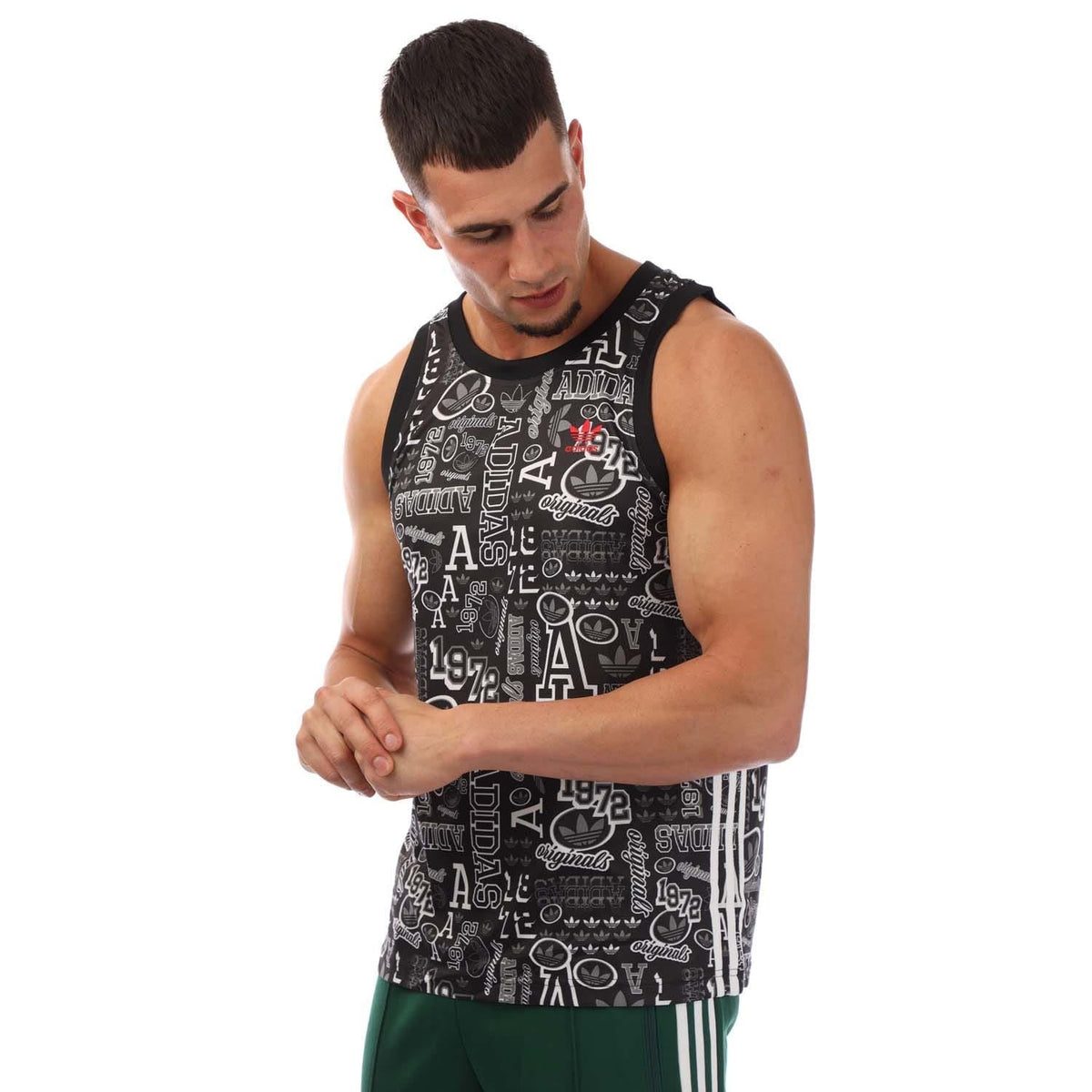 Black adidas Originals basketball tank top with white graphic print and ribbed crew neck