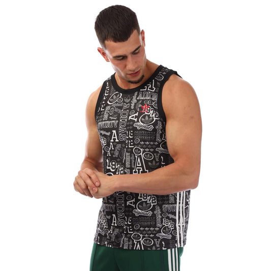 Black adidas Originals basketball tank top with white graphic print and ribbed crew neck