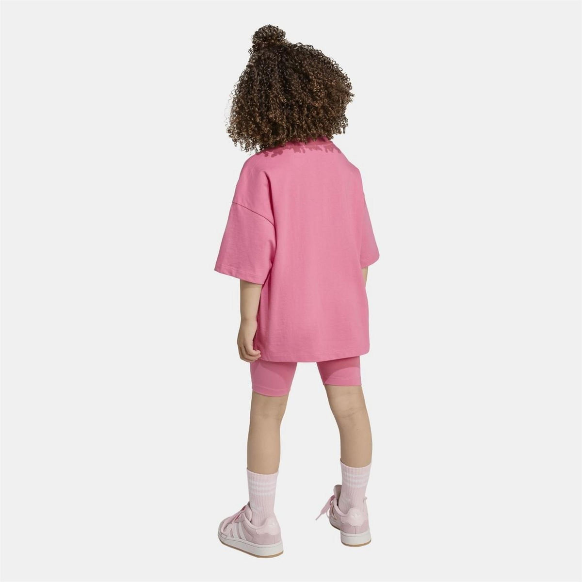 Pink adidas Originals set on child, trefoil logo on back of T-shirt