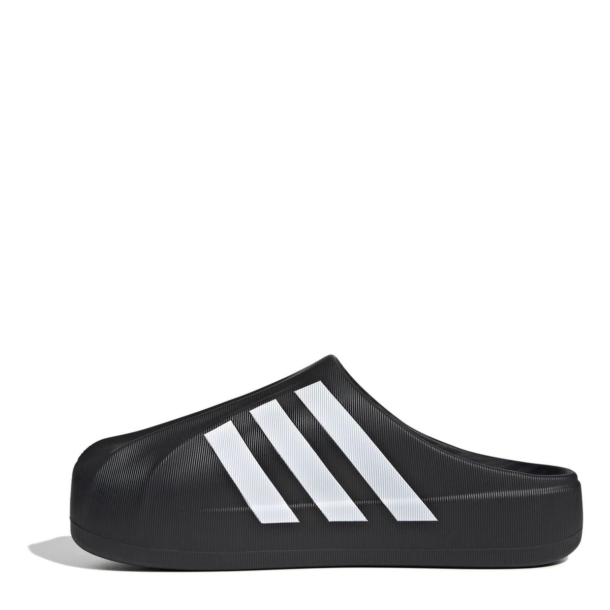 Black adidas slide slippers, side view with three white stripes across the upper.