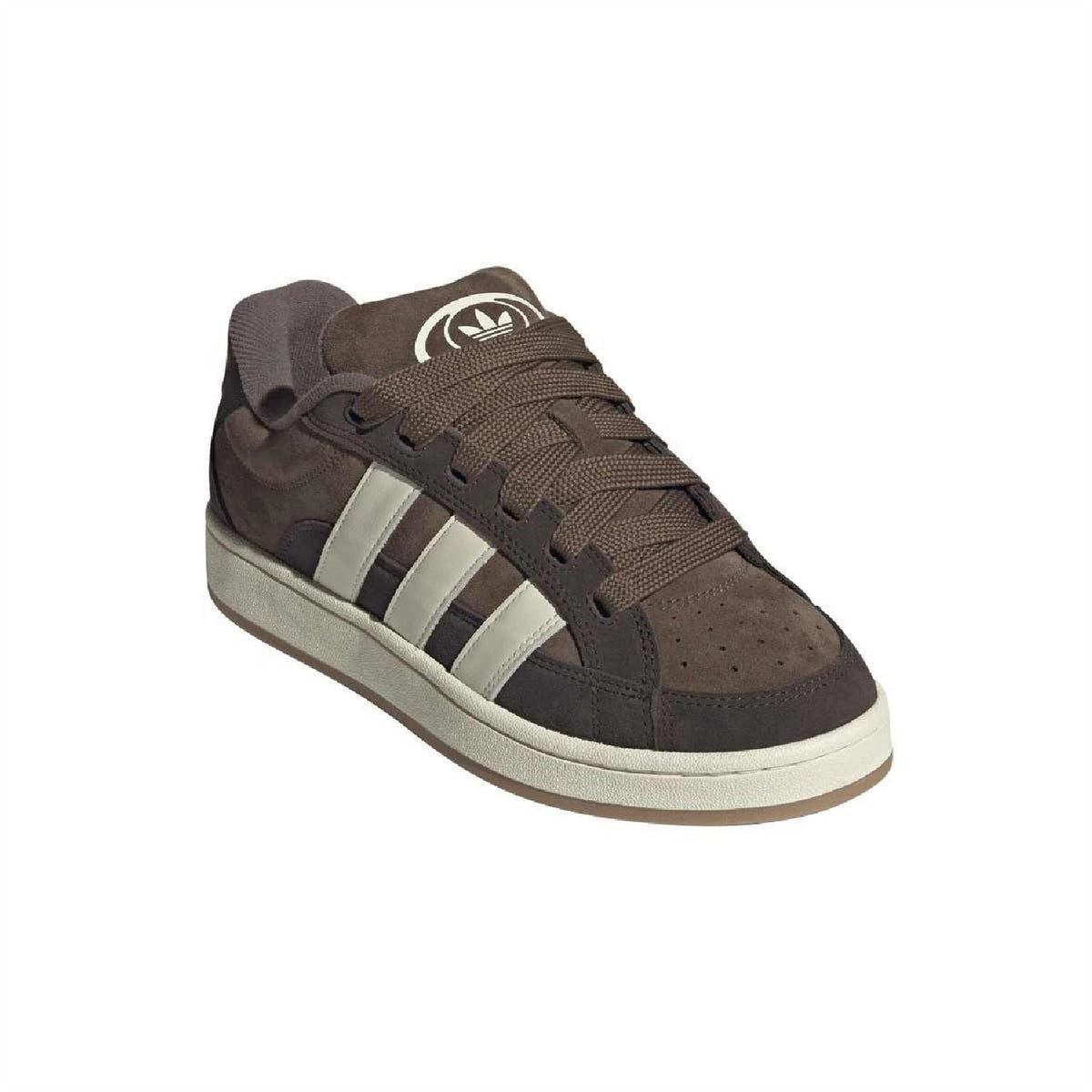 Adidas Originals Campus 00s sneakers side view, dark brown suede, white stripes, lace-up