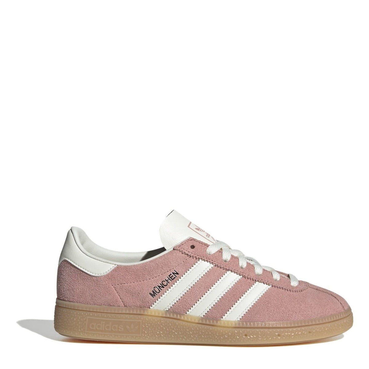 Mauve low-top suede sneakers with white adidas stripes, lace-up, and gum rubber sole