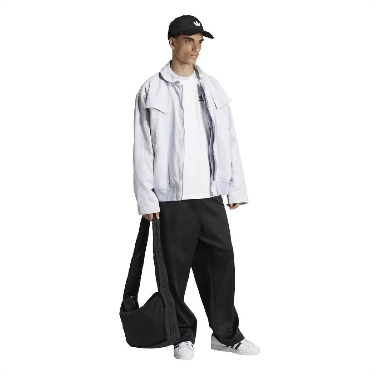 White adidas trefoil essentials T-shirt worn under a light jacket, crew neck