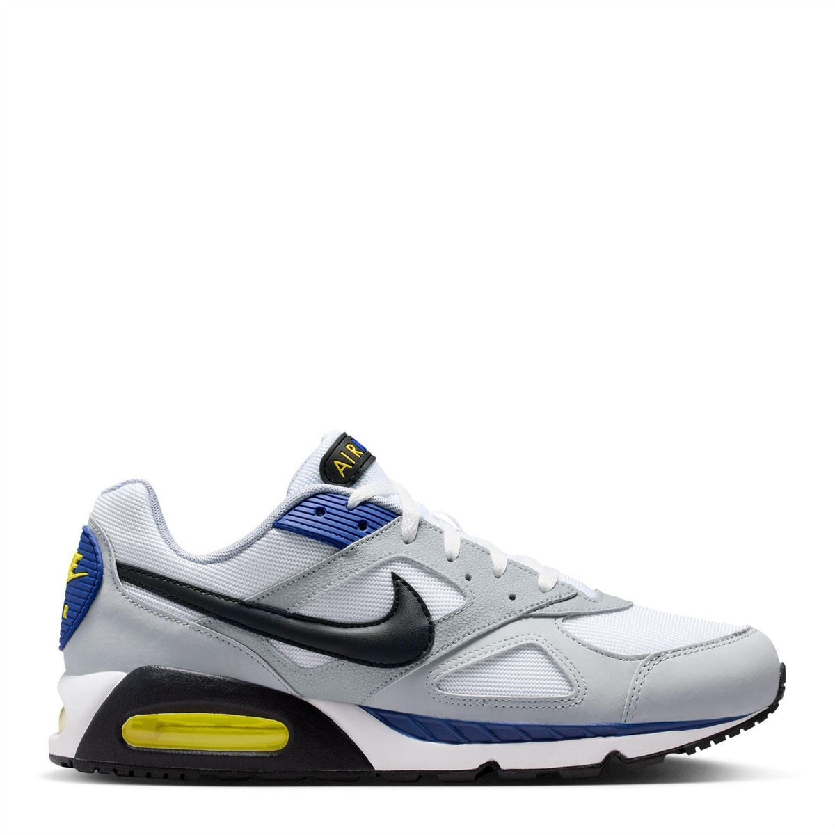 Nike Air Max Ivo trainers, light gray with black swoosh, blue heel, yellow air