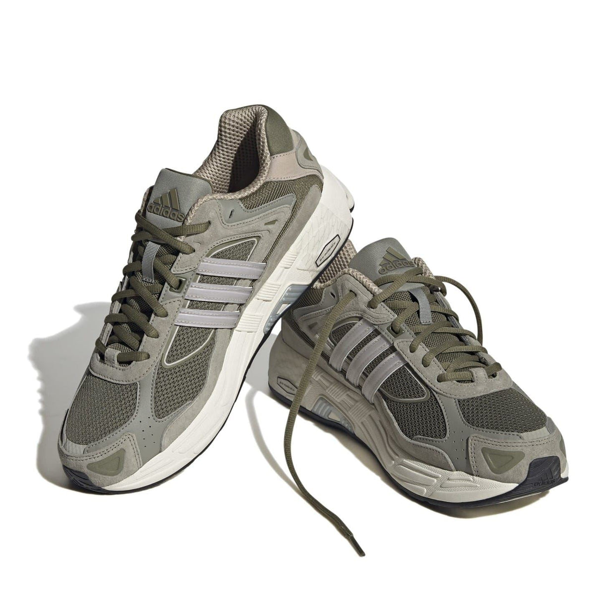 adidas low-top sneakers pair, gray uppers with olive laces and chunky sole