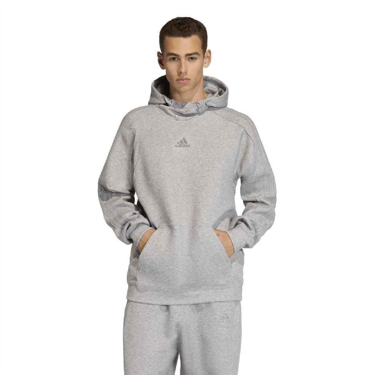 Grey relaxed-fit pullover hoodie with hood, kangaroo pocket and small adidas logo