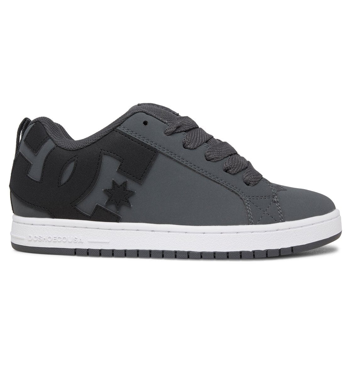 Grey and black low-top sneaker with star logo, DC logo, and white sole