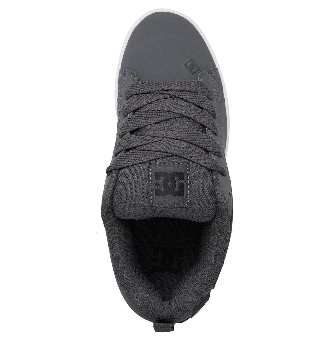 Grey low-top sneaker viewed from above with lace-up collar and DC logo badge
