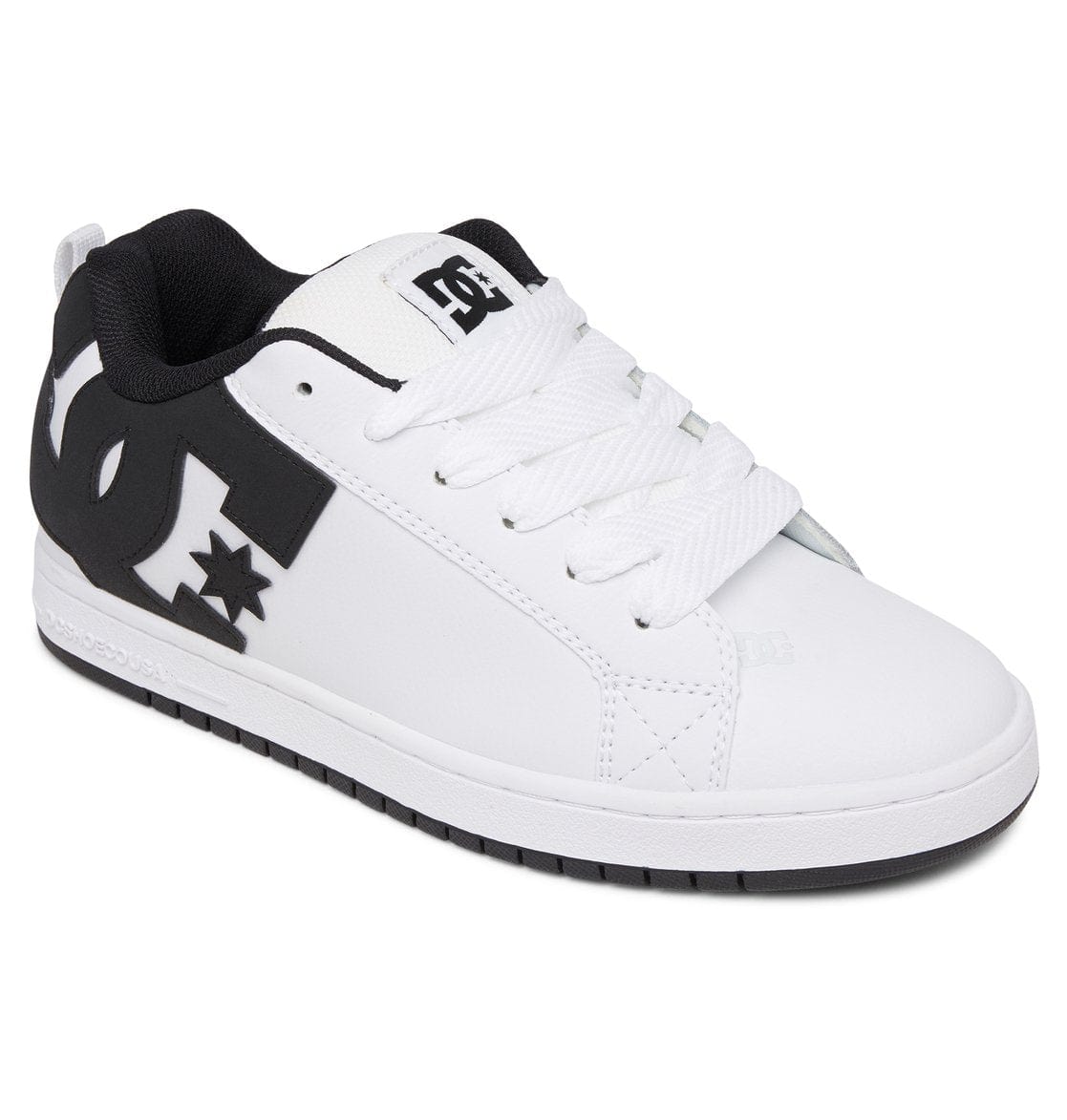 White skate sneaker with black heel tab and DC logo, lace-up styling