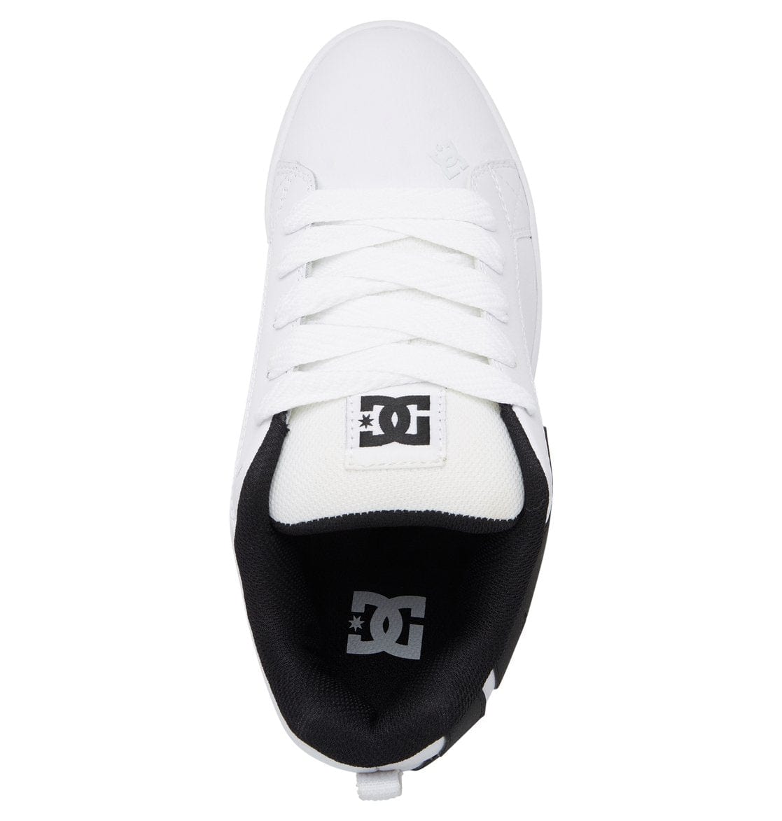 White lace-up skate sneaker with black heel lining and DC logo patch