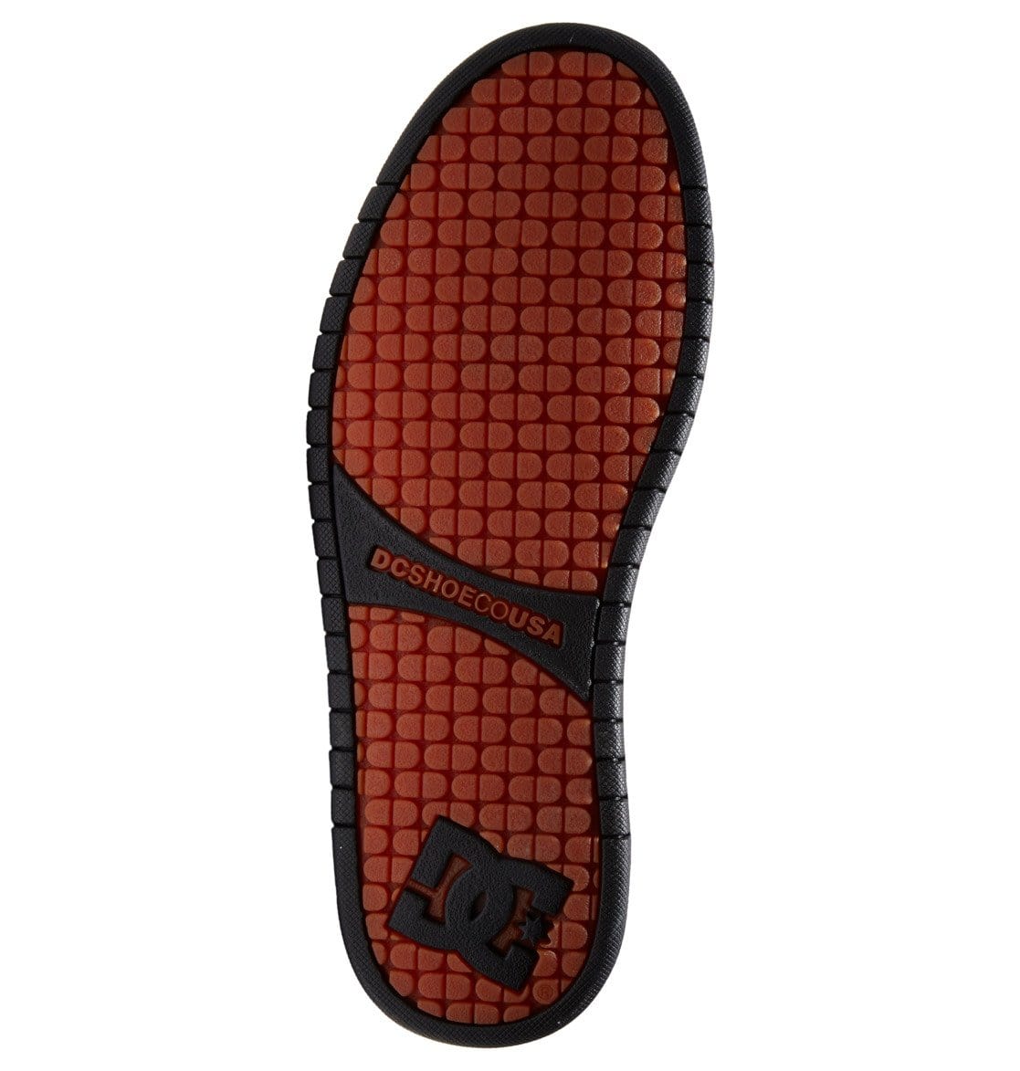 Orange-brown rubber outsole with textured tread and DC logo