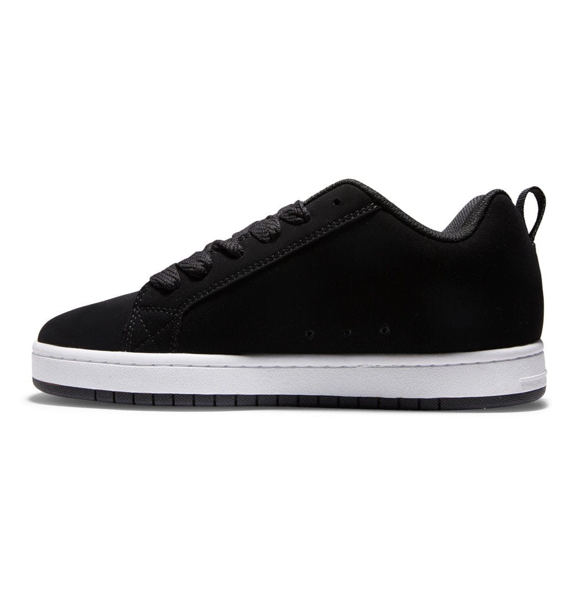 Black low-top skate sneaker with lace-up closure and white rubber sole