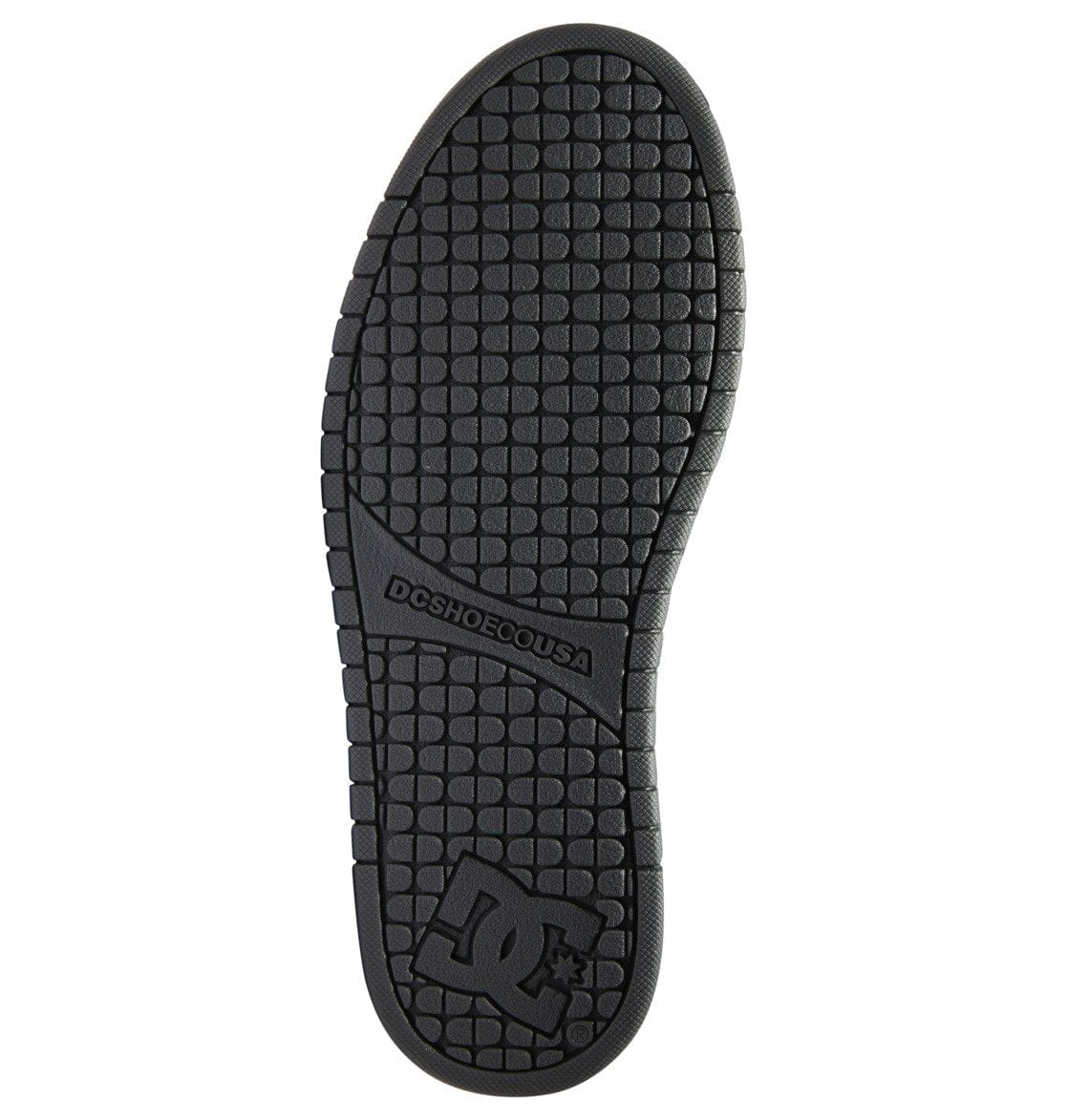 Black rubber skate sneaker outsole with grid tread and DC logo