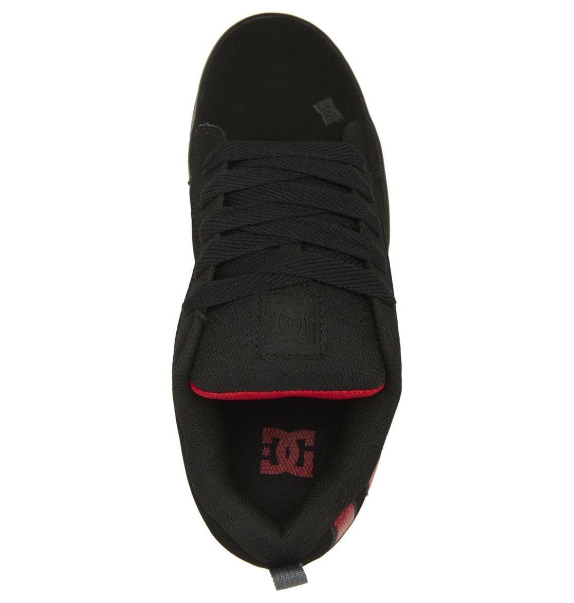 Low-top sneakers in black with red logo on the tongue and black lace-up