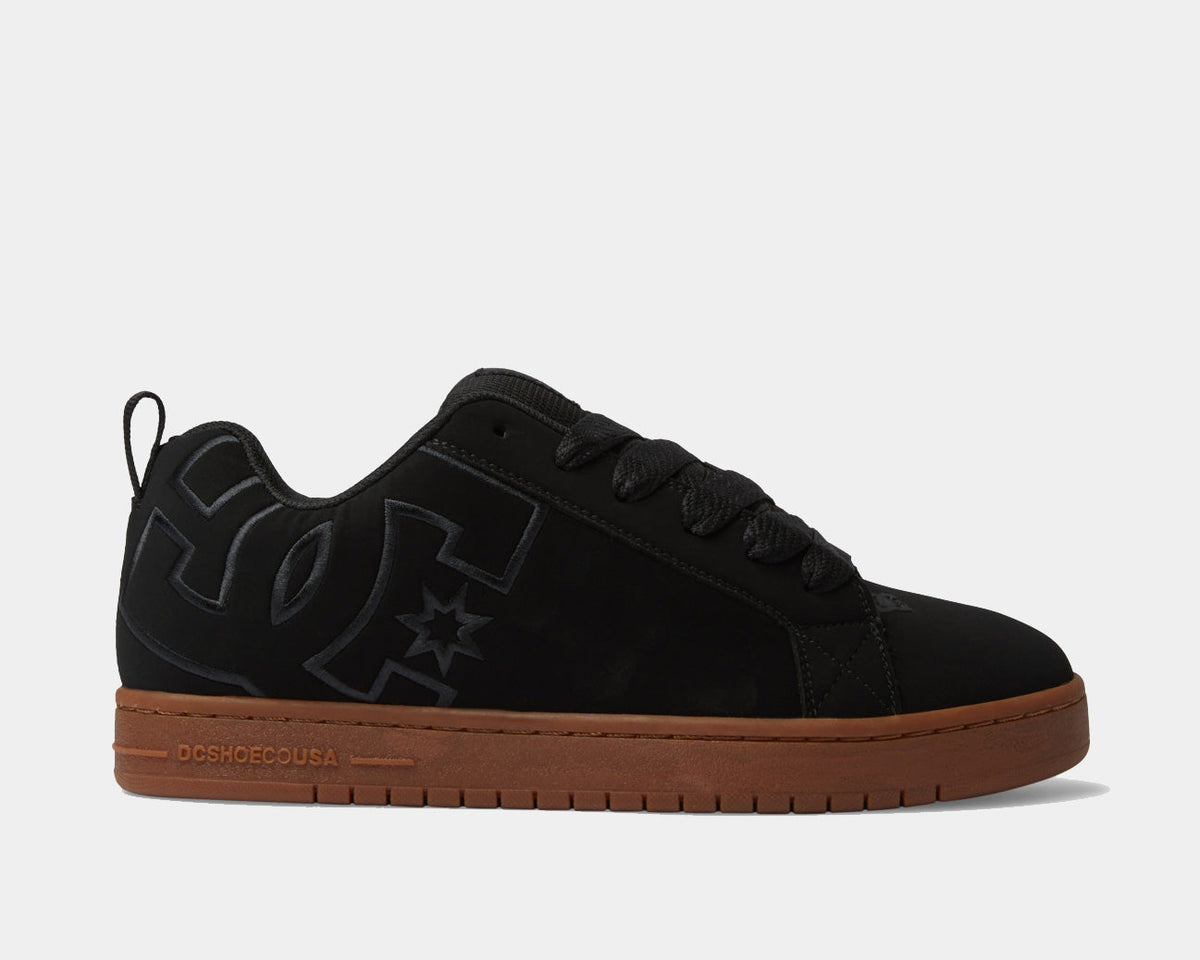 DC Court Graffik low-top sneakers, black upper with tonal DC branding and gum sole