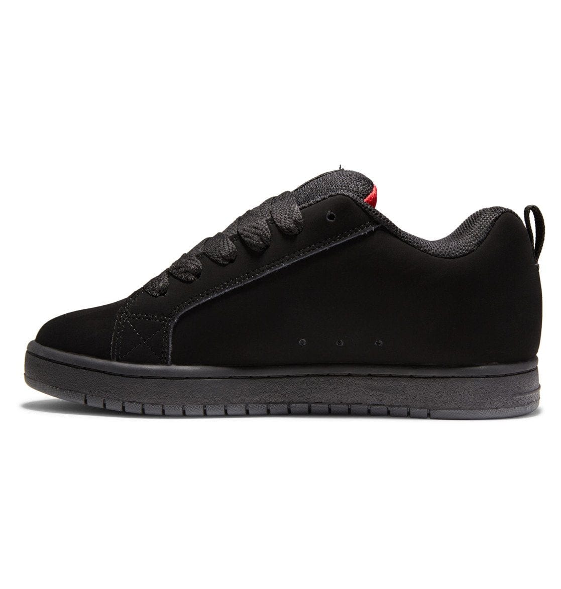 Black skate shoe with low profile, lace-up front, and padded collar detail