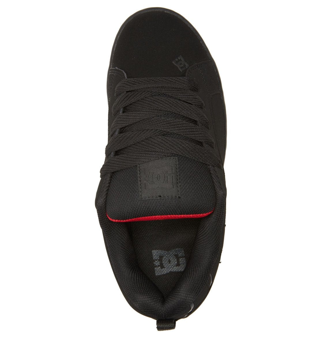 Black skate shoe tongue with black laces and red accent lining at collar