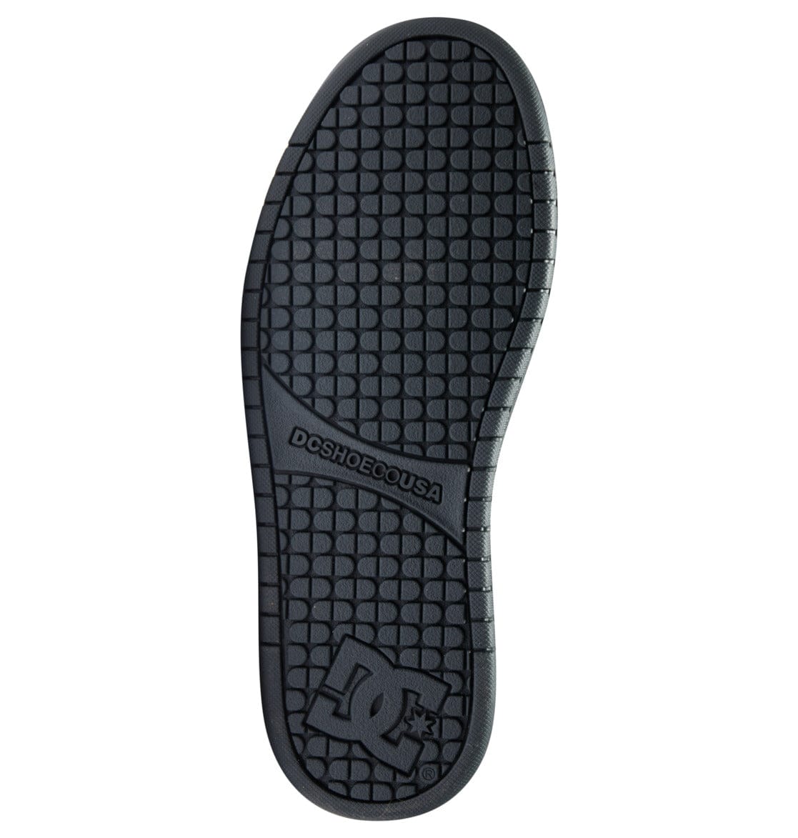 Black rubber sneaker outsole with textured pattern and DC logo detail