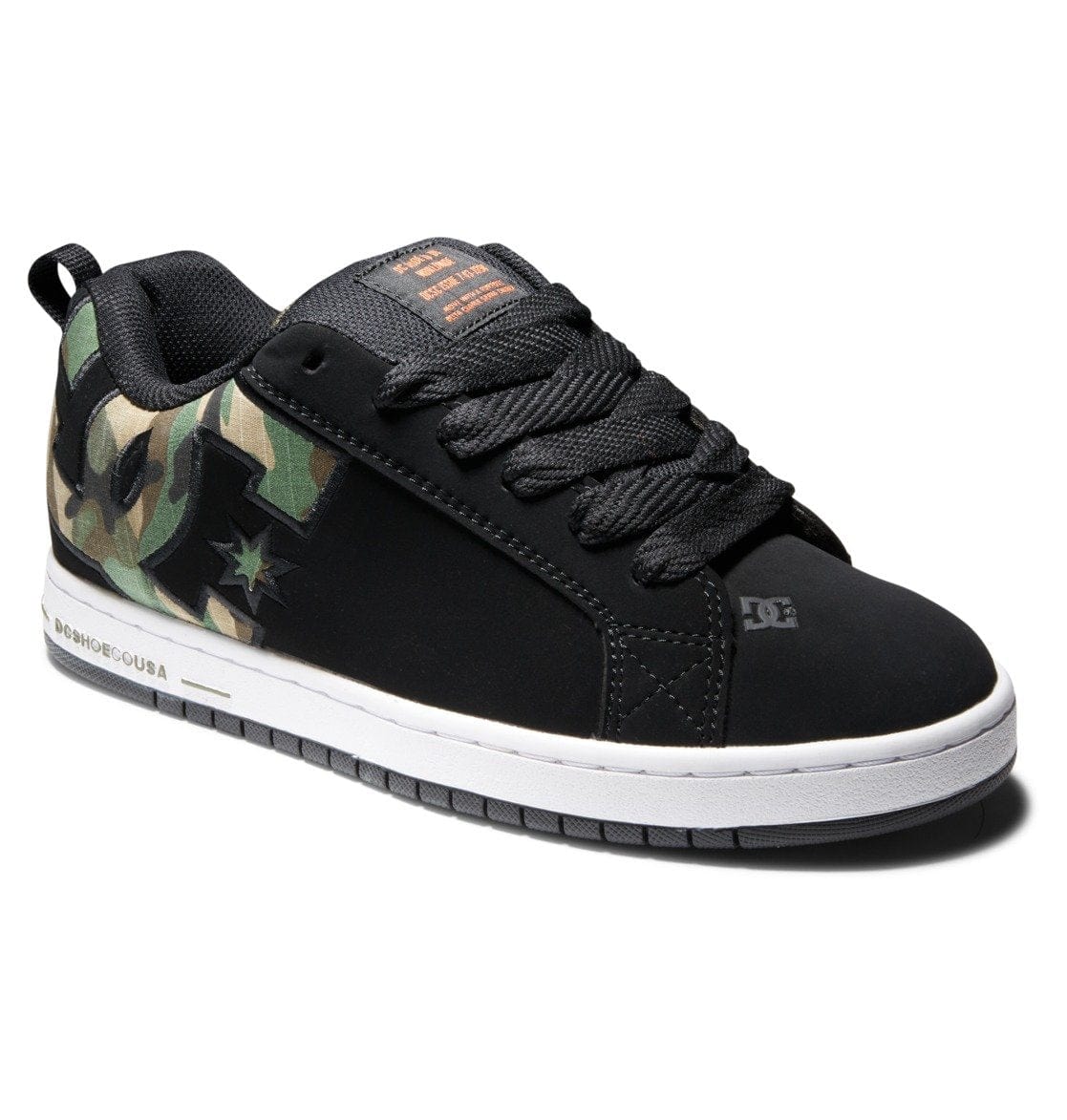 Court Graffik low-top sneaker in black with camo accents, lace-up, and orange heel label