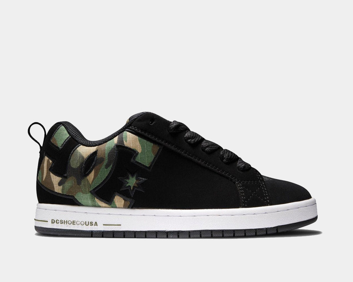 Court Graffik low-top sneaker in black with camo panels, lace-up, and star logo