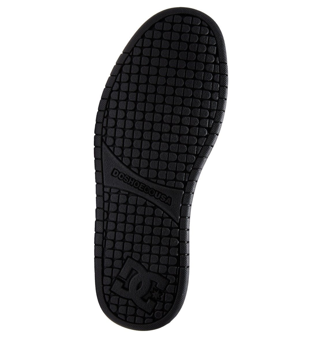Black rubber sneaker outsole with textured tread and DC logo embossing