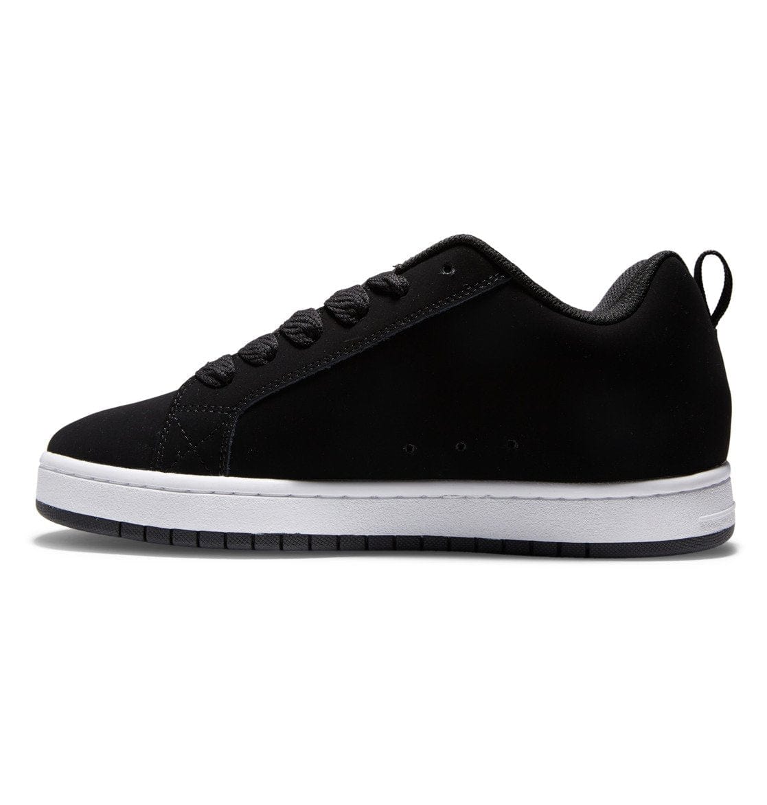 Black low-top sneakers with lace-up front and white midsole trim