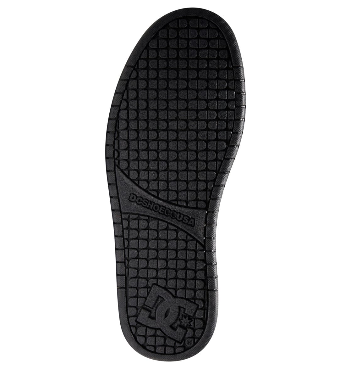 Black low-top sneaker outsole with patterned tread and DC Shoes mark
