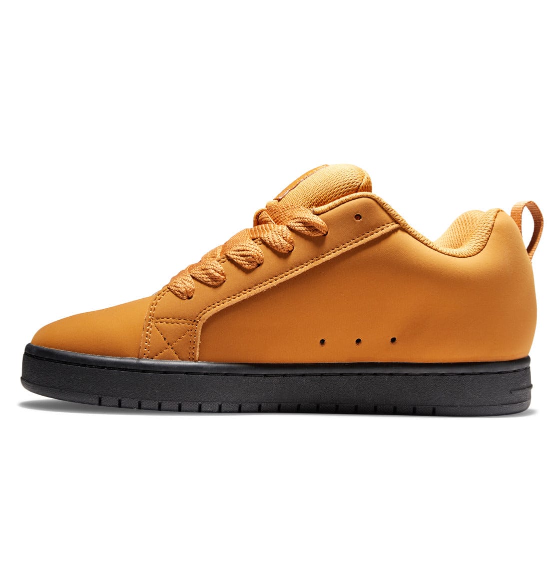 Tan/orange low-top sneaker with lace-up front and black outsole