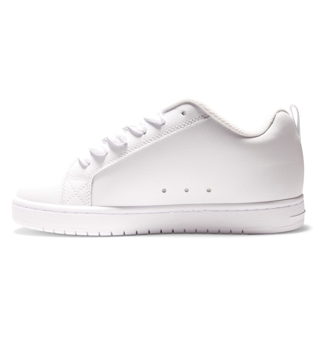 Court Graffik low-top sneaker in white with small eyelets, lace-up, and side stitching