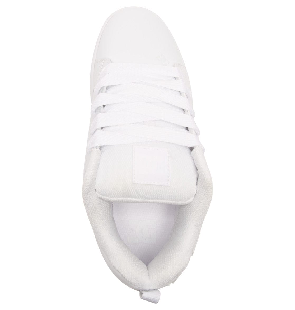 Court Graffik sneaker top view in white with lace-up and tongue label panel