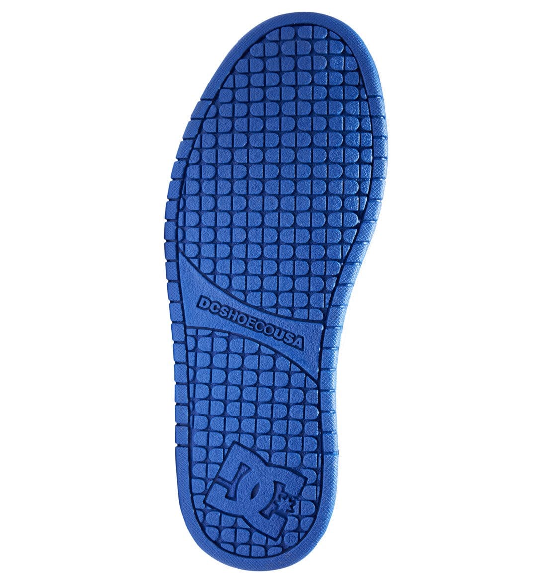 Blue rubber skate sneaker outsole with textured grid tread and DC logo