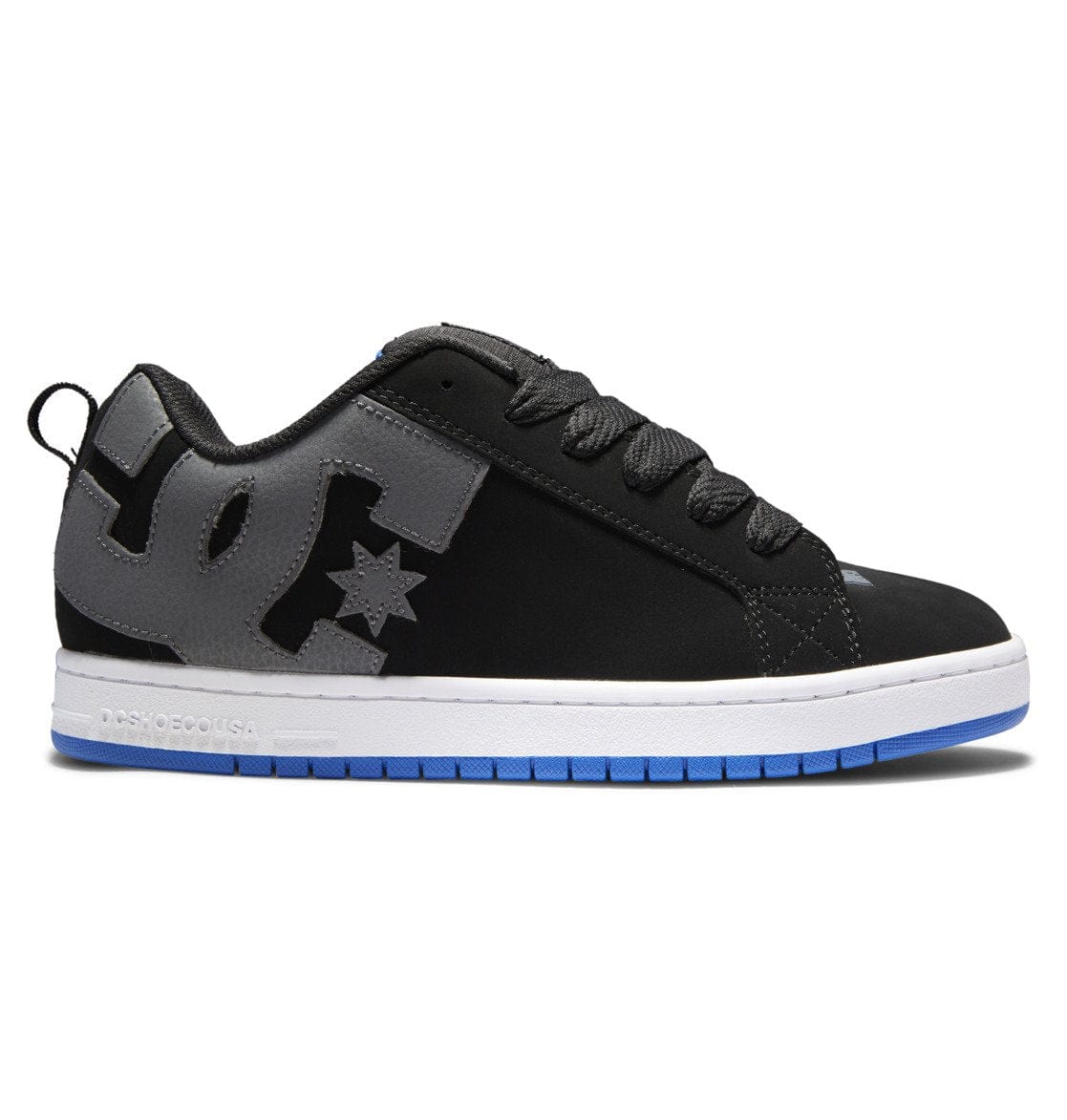 Black skate shoe with gray accents, star logo, white sole, and blue sidewall trim