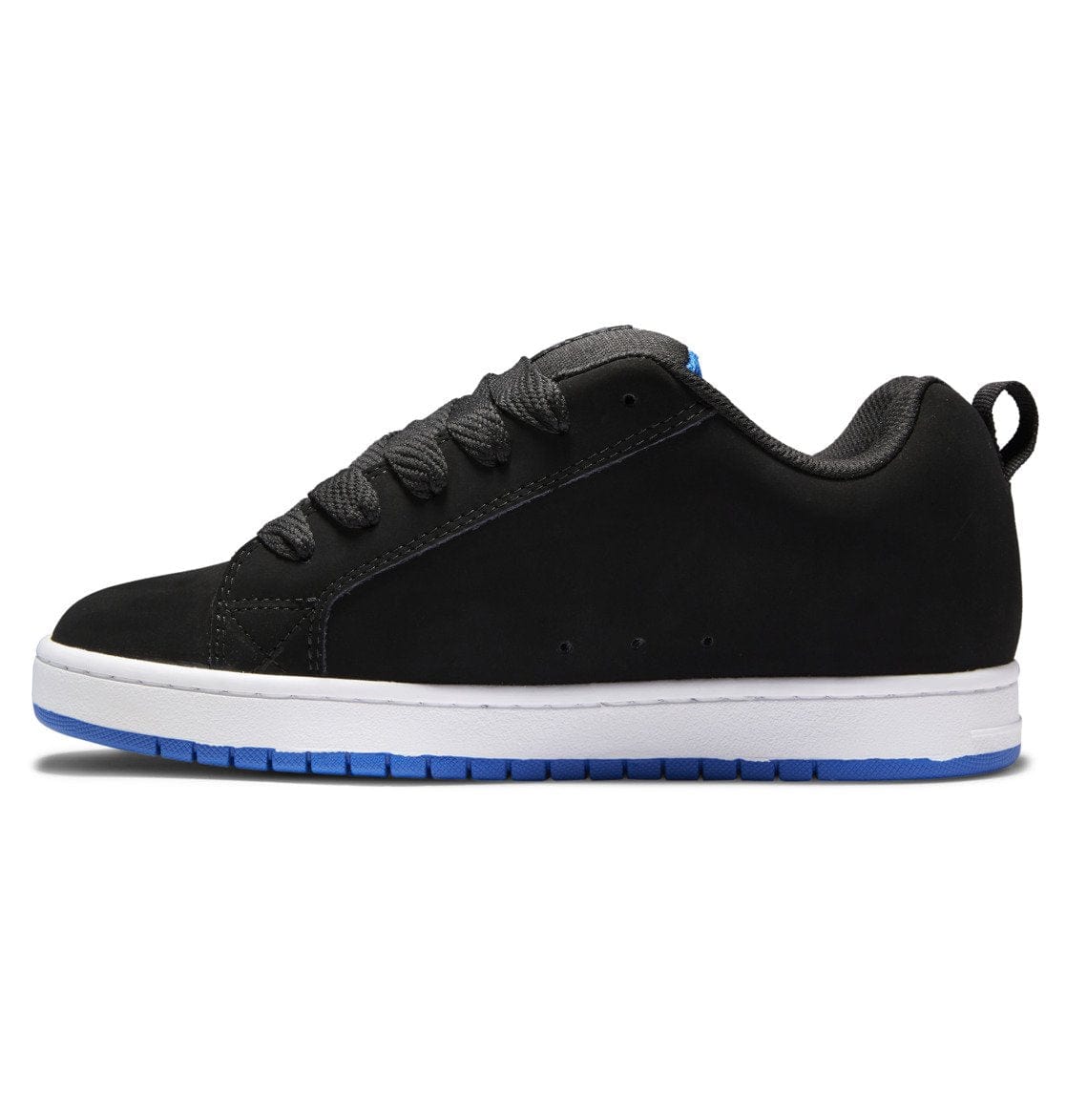 Black skate shoe with smooth upper, lace-up front, and white sole with blue trim
