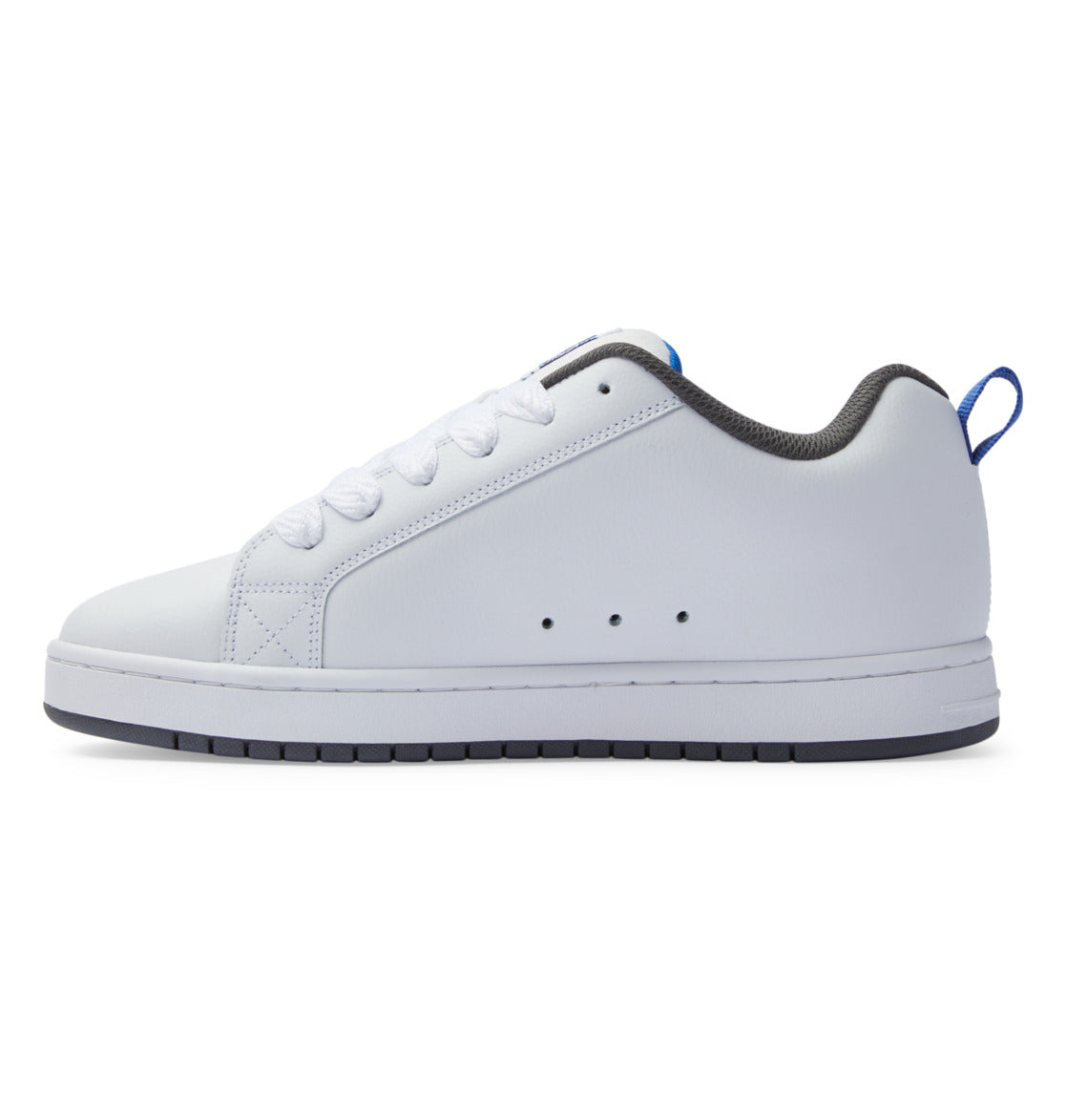 White low-top sneakers with blue heel pull tab and perforated toe panel
