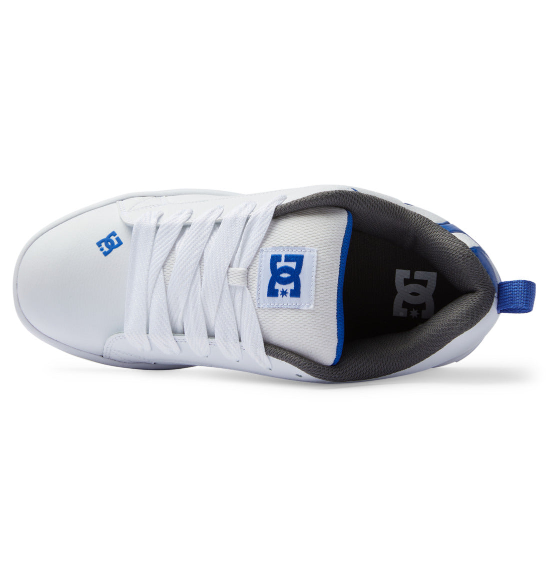 White low-top sneakers with blue tongue tag and gray lining, black interior collar