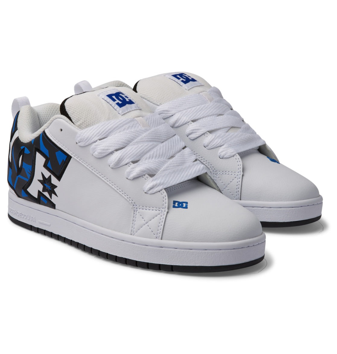 Low-top sneakers in white with blue star logos and stitched lace overlays