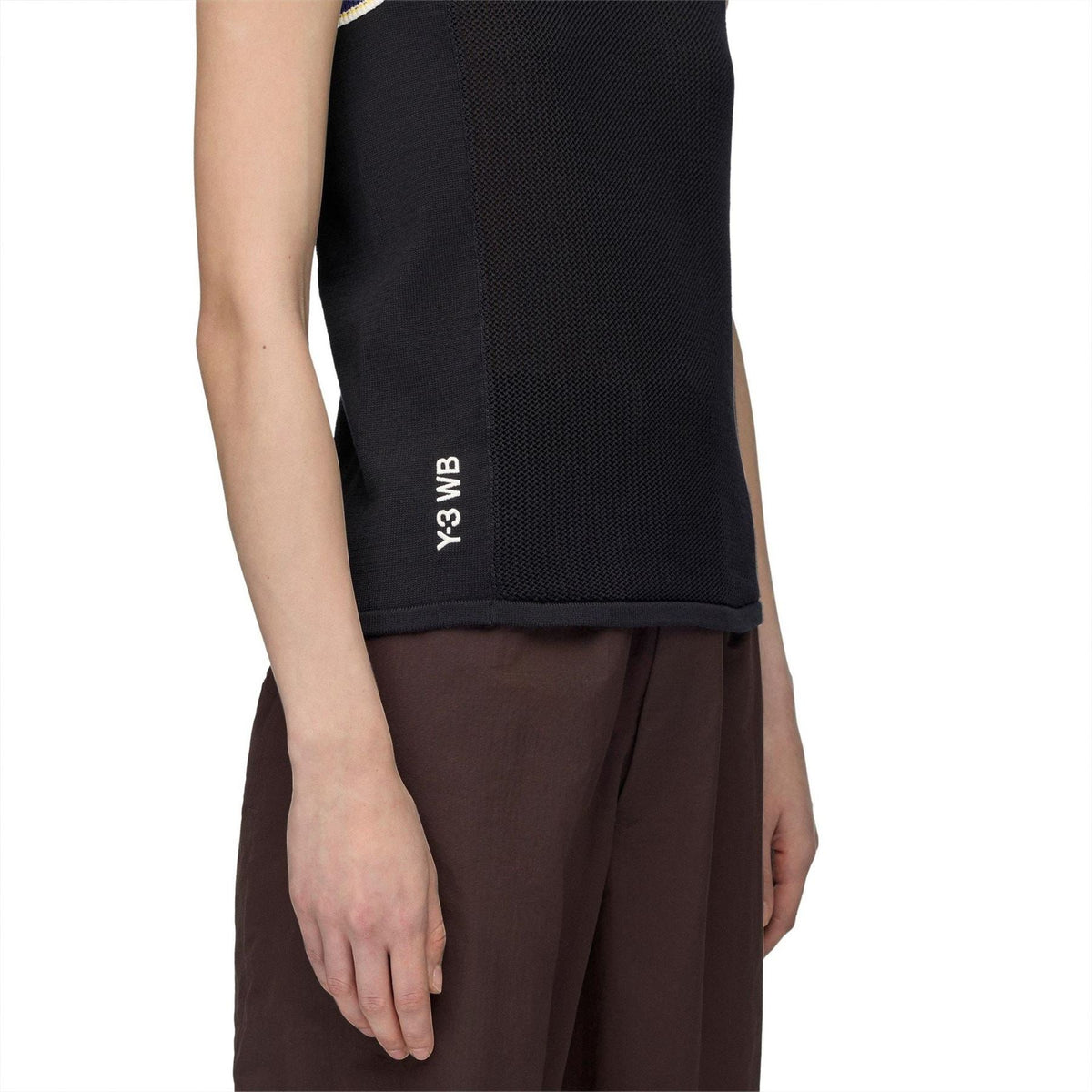 Black knit tank top with Y-3 label at side hem and mesh-like texture