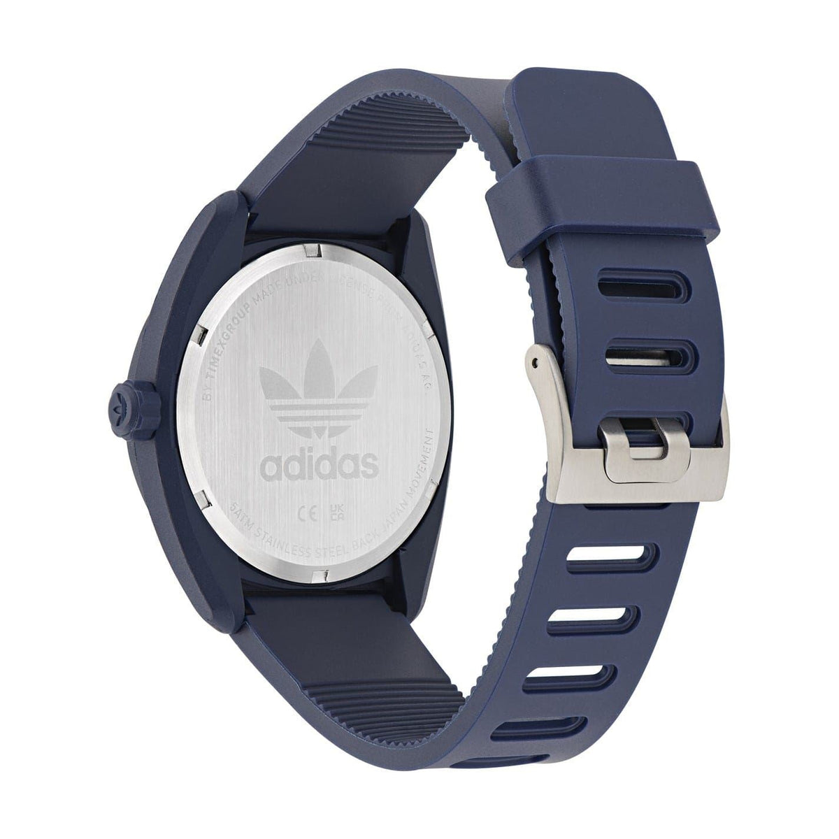 Blue rubber strap analogue watch with embossed back plate and silver-toned case