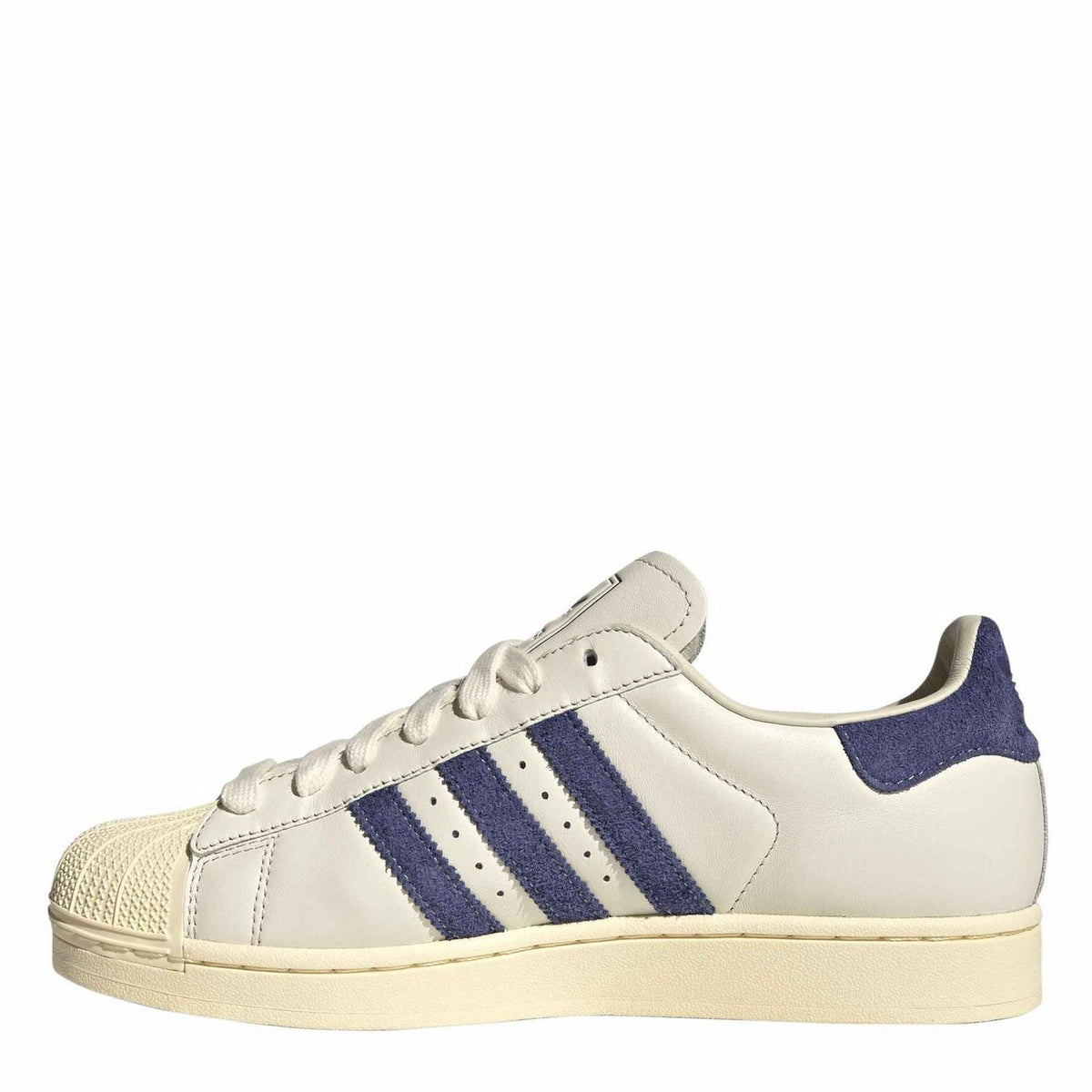 White and navy adidas Originals Superstar II low-top sneakers with three blue stripes, lace-up