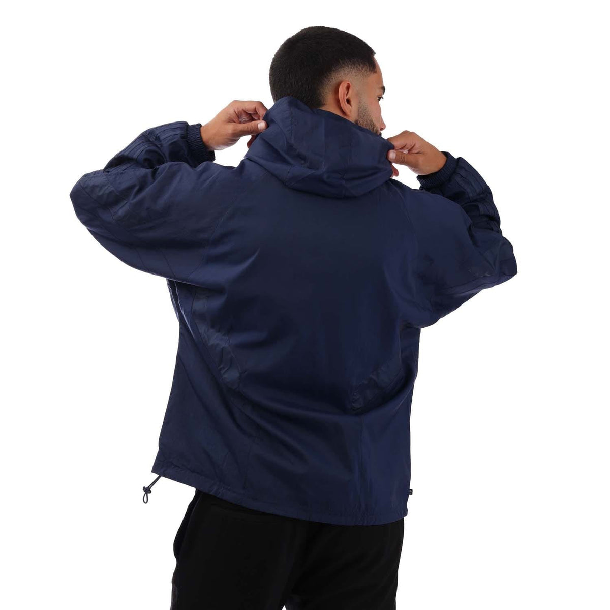 Navy windbreaker jacket with hood and full zip, back view