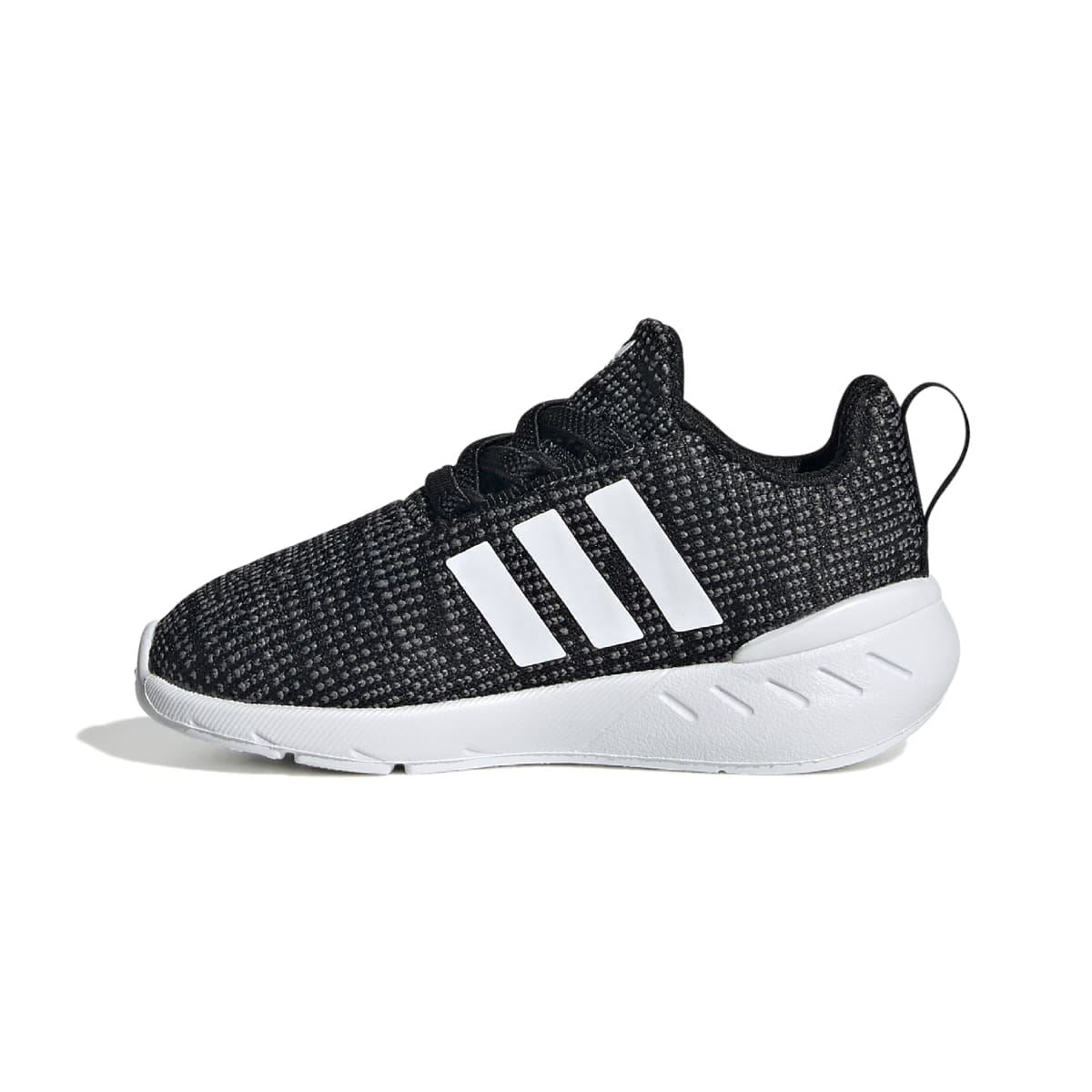Infant black knit lace-up trainers with three white stripes and cushioned white midsole