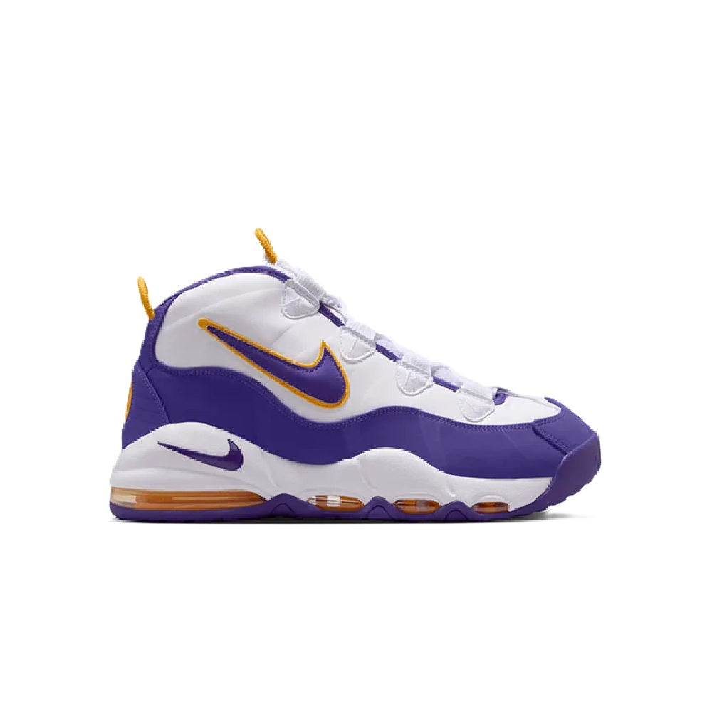 High-top sneakers in white and purple with yellow swoosh and orange sole accents