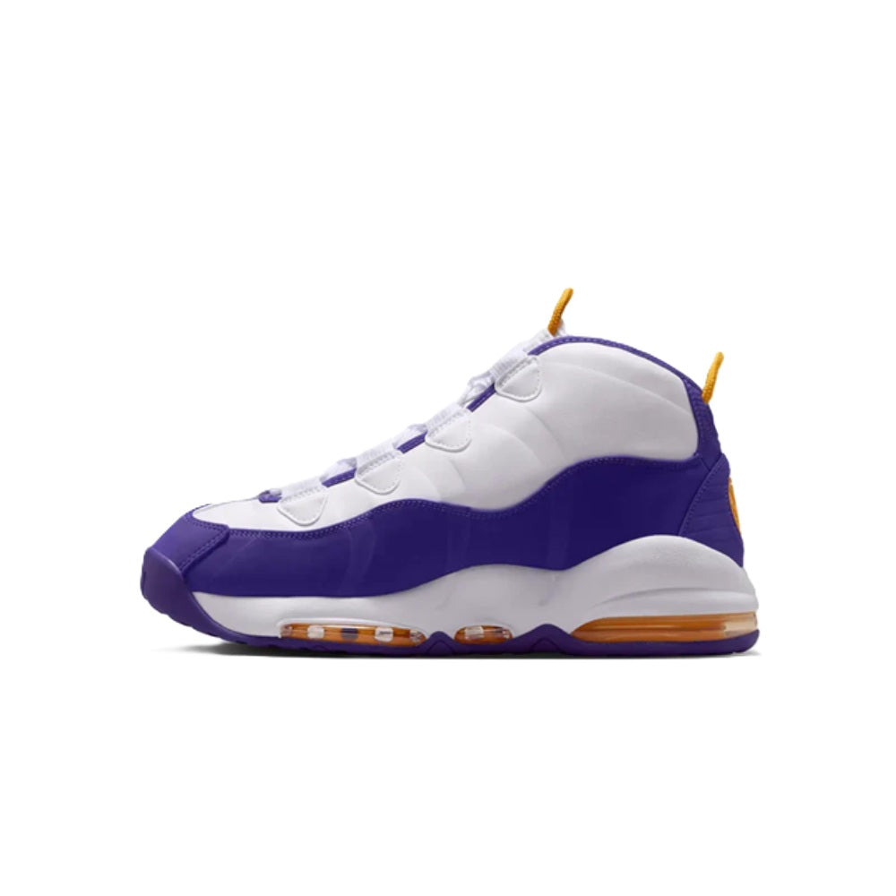 High-top sneakers side profile, white uppers with purple panels and yellow swoosh