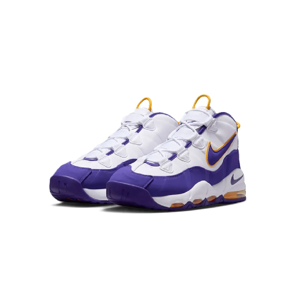 Pair of high-top sneakers, white laces with purple toe and side panel yellow swoosh