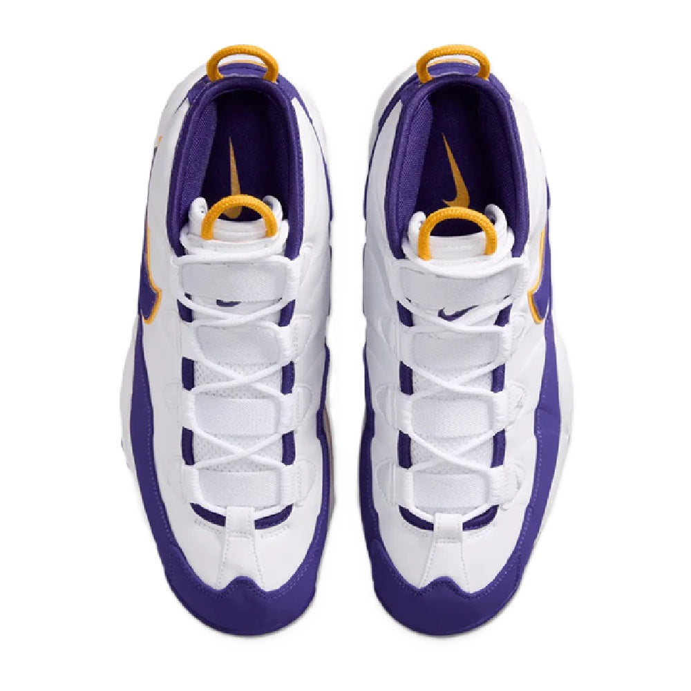 High-top sneakers top view, white laces on purple collar with gold eyelets