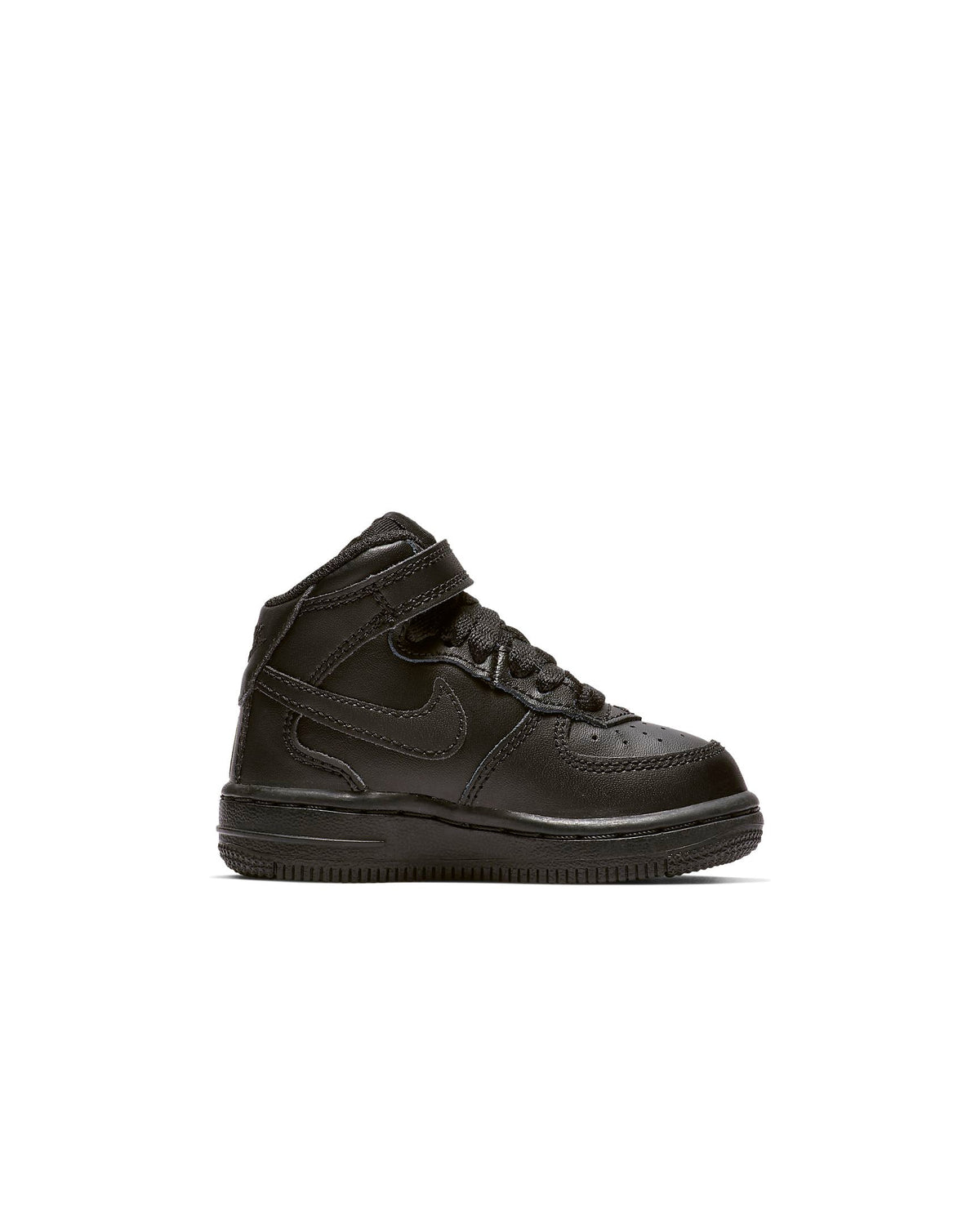 Toddler Nike Air Force 1 Mid black sneakers, angled side view with laces