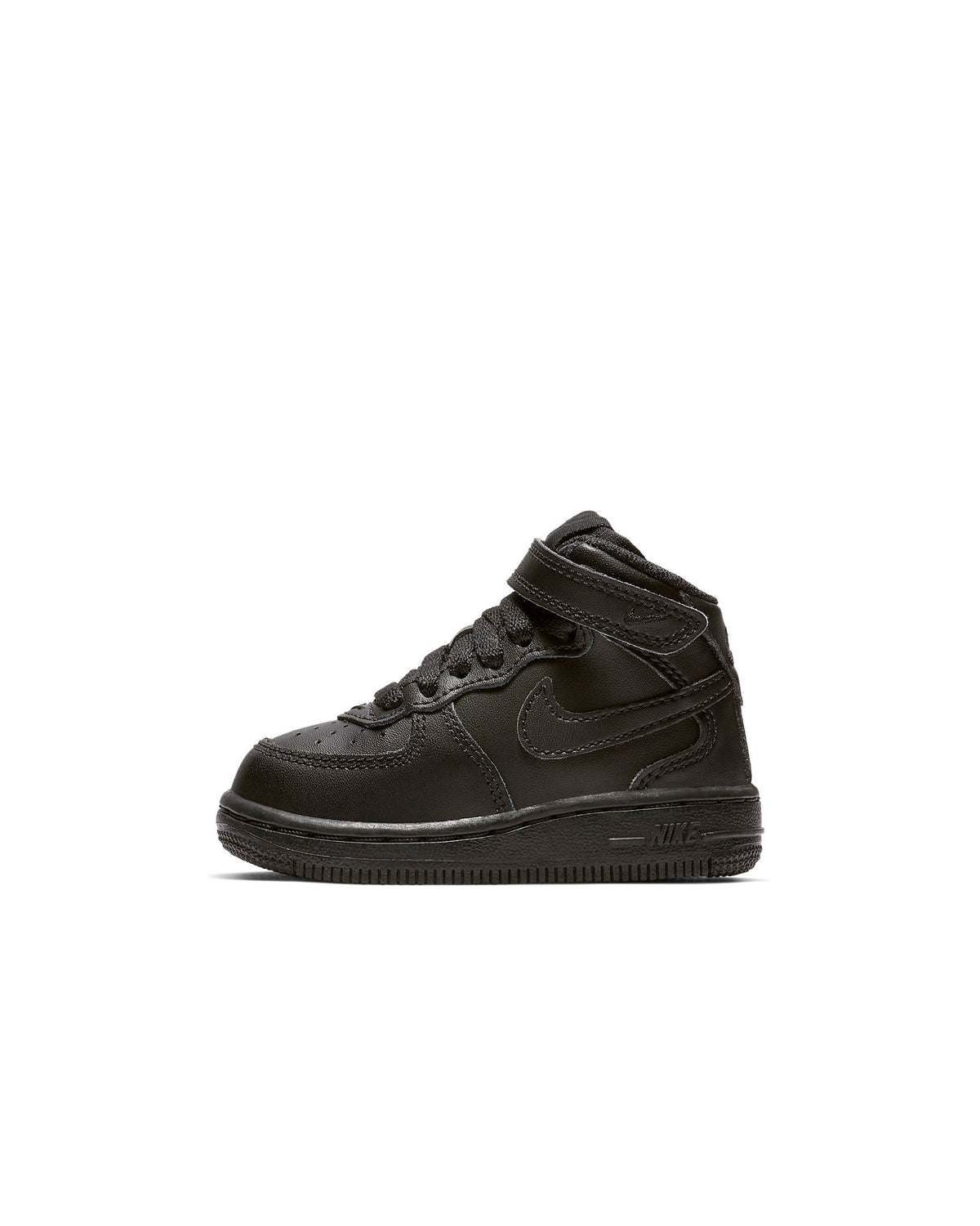 Toddler Nike Air Force 1 Mid black sneakers, side view with laces and swoosh